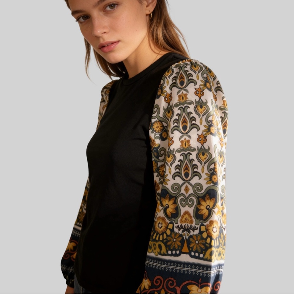 Black Top with Multicolored Ornate Balloon Sleeves